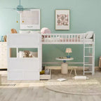 Okak Lit superposé double avec lit mezzanine attaché, Lits superposés en bois massif avec deux tiroirs et escalier pour enfants, filles, garçons, montage facile
