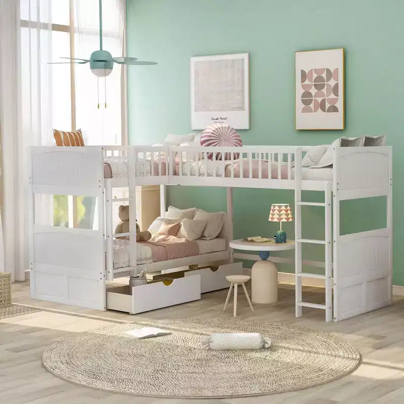 Okak Lit superposé double avec lit mezzanine attaché, Lits superposés en bois massif avec deux tiroirs et escalier pour enfants, filles, garçons, montage facile