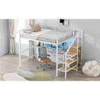 Okak Lit superposé en métal grandeur nature avec bureau et escalier de rangement et barrière de sécurité Lit mezzanine avec petite armoire et LED pour enfants adolescents Assemblage facile