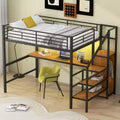 Okak Full Size Metal Bunk Bed with Desk & Storage Staircase & Safety Fence Loft Bed with Small Wardrobe & LED for Kids Teens Easy Assemble