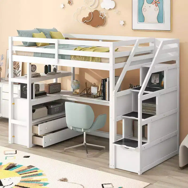 Lit superposé en bois massif Okak taille normale/double avec 2 tiroirs intégrés et escalier de rangement, lit mezzanine avec bureau et étagères pour enfants et adolescents, facile à assembler