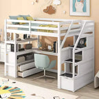 Lit superposé en bois massif Okak taille normale/double avec 2 tiroirs intégrés et escalier de rangement, lit mezzanine avec bureau et étagères pour enfants et adolescents, facile à assembler