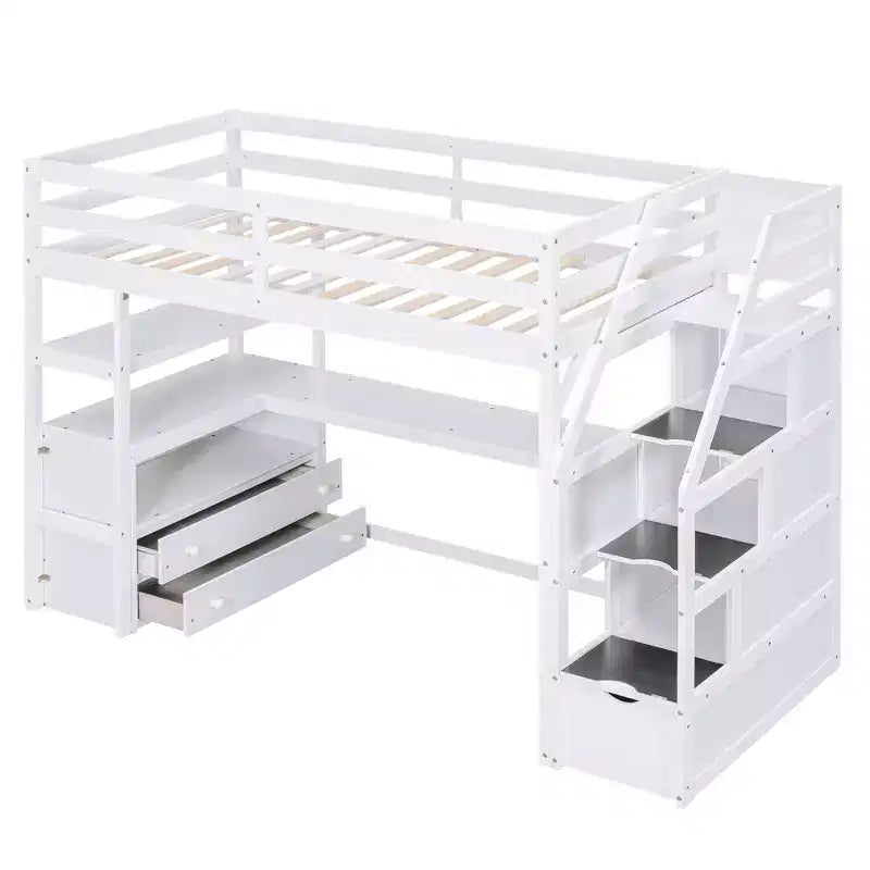 Lit superposé en bois massif Okak taille normale/double avec 2 tiroirs intégrés et escalier de rangement, lit mezzanine avec bureau et étagères pour enfants et adolescents, facile à assembler