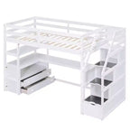 Lit superposé en bois massif Okak taille normale/double avec 2 tiroirs intégrés et escalier de rangement, lit mezzanine avec bureau et étagères pour enfants et adolescents, facile à assembler