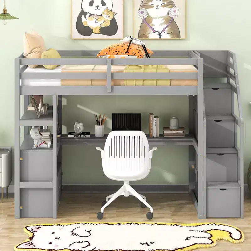 Lit superposé en bois massif Okak taille normale/double avec 2 tiroirs intégrés et escalier de rangement, lit mezzanine avec bureau et étagères pour enfants et adolescents, facile à assembler
