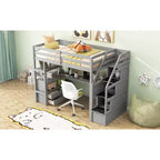 Lit superposé en bois massif Okak taille normale/double avec 2 tiroirs intégrés et escalier de rangement, lit mezzanine avec bureau et étagères pour enfants et adolescents, facile à assembler