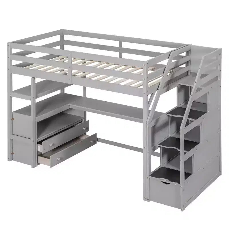 Lit superposé en bois massif Okak taille normale/double avec 2 tiroirs intégrés et escalier de rangement, lit mezzanine avec bureau et étagères pour enfants et adolescents, facile à assembler