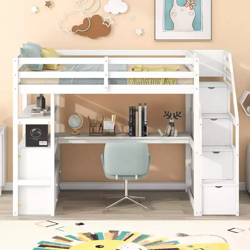 Lit superposé en bois massif Okak taille normale/double avec 2 tiroirs intégrés et escalier de rangement, lit mezzanine avec bureau et étagères pour enfants et adolescents, facile à assembler