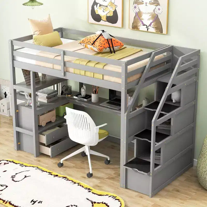 Lit superposé en bois massif Okak taille normale/double avec 2 tiroirs intégrés et escalier de rangement, lit mezzanine avec bureau et étagères pour enfants et adolescents, facile à assembler