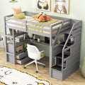 Lit superposé en bois massif Okak taille normale/double avec 2 tiroirs intégrés et escalier de rangement, lit mezzanine avec bureau et étagères pour enfants et adolescents, facile à assembler