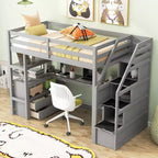 Lit superposé en bois massif Okak taille normale/double avec 2 tiroirs intégrés et escalier de rangement, lit mezzanine avec bureau et étagères pour enfants et adolescents, facile à assembler