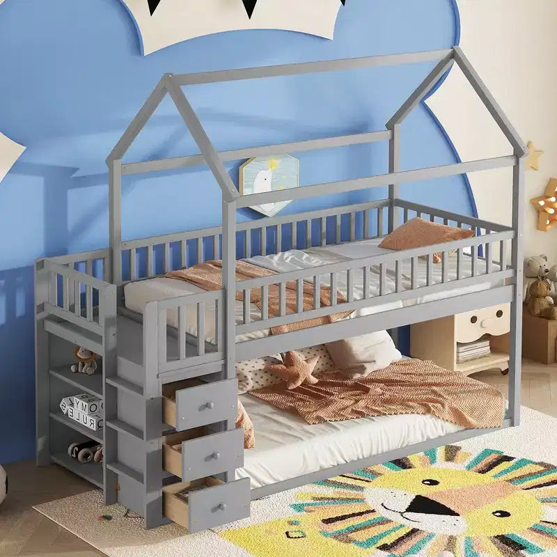 Lit superposé en bois Okak Twin Over Twin avec toboggan et barrière de sécurité, lit mezzanine avec échelle pour enfants et adolescents, facile à assembler