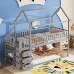Lit superposé en bois Okak Twin Over Twin avec toboggan et barrière de sécurité, lit mezzanine avec échelle pour enfants et adolescents, facile à assembler