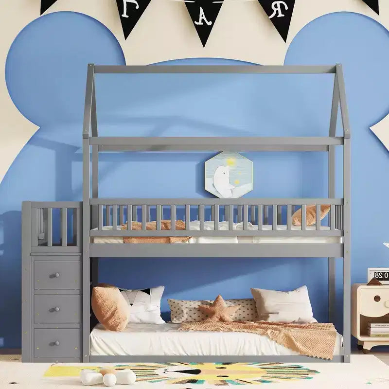 Lit superposé en bois Okak Twin Over Twin avec toboggan et barrière de sécurité, lit mezzanine avec échelle pour enfants et adolescents, facile à assembler