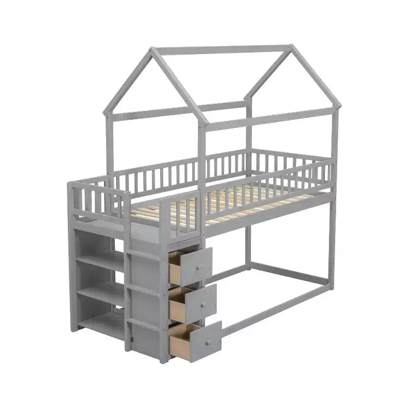 Lit superposé en bois Okak Twin Over Twin avec toboggan et barrière de sécurité, lit mezzanine avec échelle pour enfants et adolescents, facile à assembler