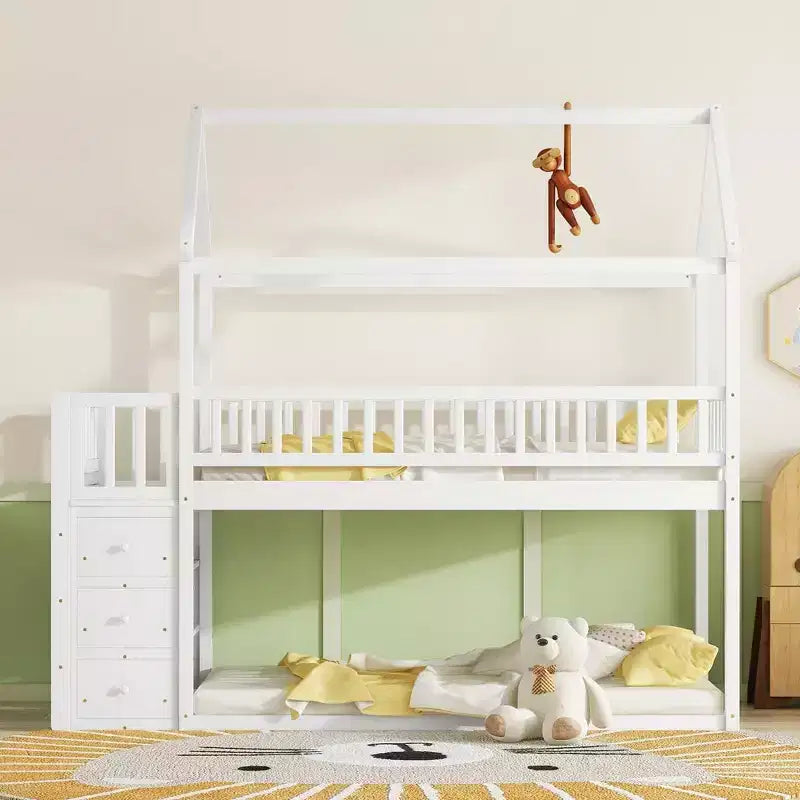 Lit superposé en bois Okak Twin Over Twin avec toboggan et barrière de sécurité, lit mezzanine avec échelle pour enfants et adolescents, facile à assembler