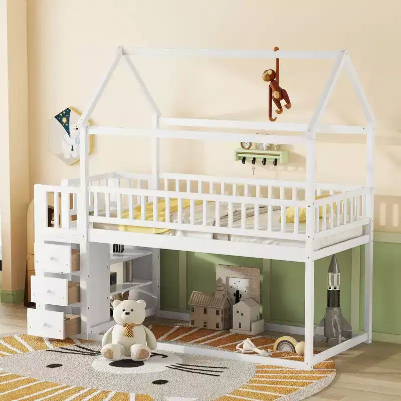 Lit superposé en bois Okak Twin Over Twin avec toboggan et barrière de sécurité, lit mezzanine avec échelle pour enfants et adolescents, facile à assembler