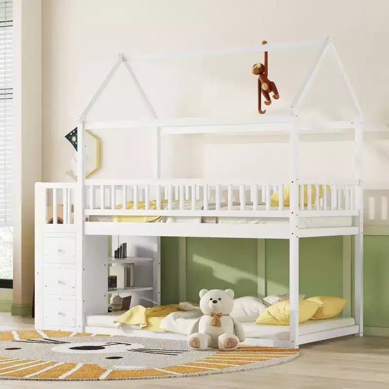 Lit superposé en bois Okak Twin Over Twin avec toboggan et barrière de sécurité, lit mezzanine avec échelle pour enfants et adolescents, facile à assembler