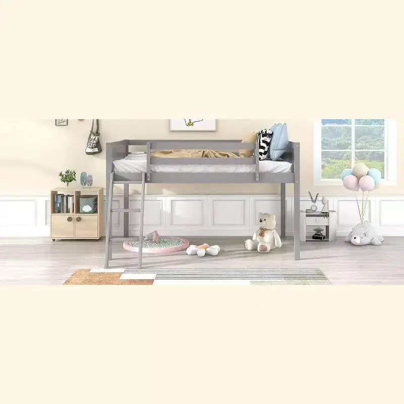 Lit superposé Okak Twin/Full en bois massif, lit mezzanine bas avec échelle convertible gauche/droite et barrière de sécurité pour enfants et adolescents, facile à assembler