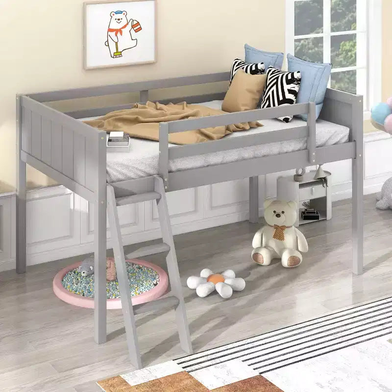 Lit superposé Okak Twin/Full en bois massif, lit mezzanine bas avec échelle convertible gauche/droite et barrière de sécurité pour enfants et adolescents, facile à assembler