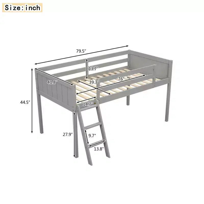 Lit superposé Okak Twin/Full en bois massif, lit mezzanine bas avec échelle convertible gauche/droite et barrière de sécurité pour enfants et adolescents, facile à assembler