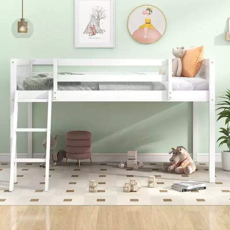 Lit superposé Okak Twin/Full en bois massif, lit mezzanine bas avec échelle convertible gauche/droite et barrière de sécurité pour enfants et adolescents, facile à assembler