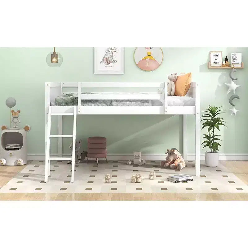 Lit superposé Okak Twin/Full en bois massif, lit mezzanine bas avec échelle convertible gauche/droite et barrière de sécurité pour enfants et adolescents, facile à assembler