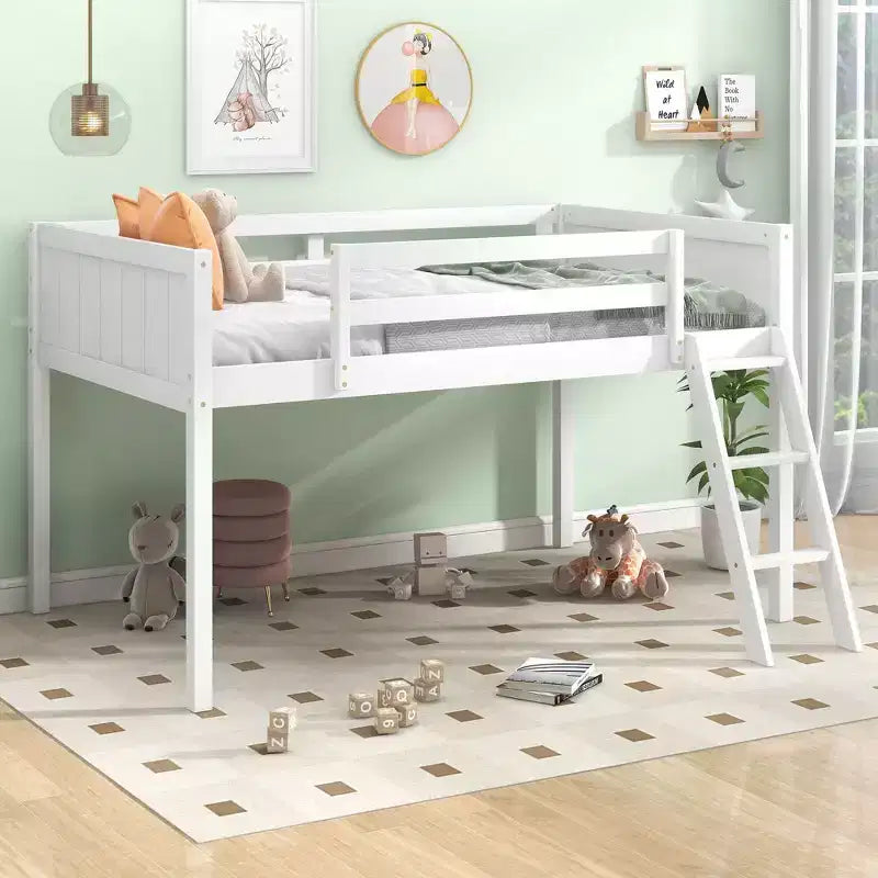 Lit superposé Okak Twin/Full en bois massif, lit mezzanine bas avec échelle convertible gauche/droite et barrière de sécurité pour enfants et adolescents, facile à assembler