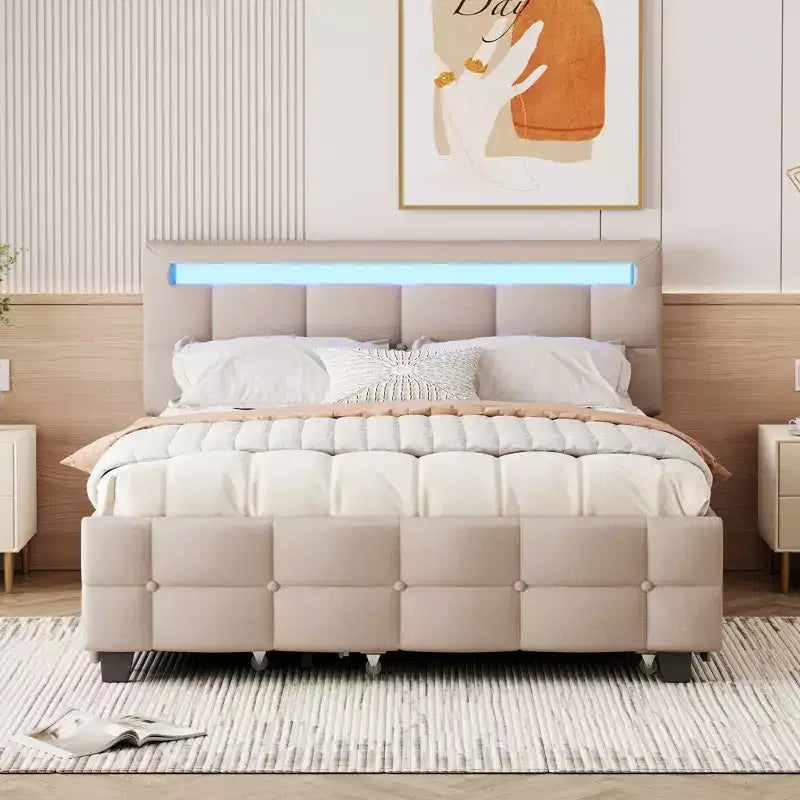 Lit plateforme élégant Okak Queen avec cadre rembourré et LED, pas besoin de sommier, lit en tissu de lin avec lit gigogne Twin XL et 2 tiroirs