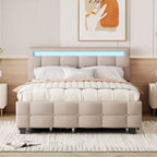 Lit plateforme élégant Okak Queen avec cadre rembourré et LED, pas besoin de sommier, lit en tissu de lin avec lit gigogne Twin XL et 2 tiroirs