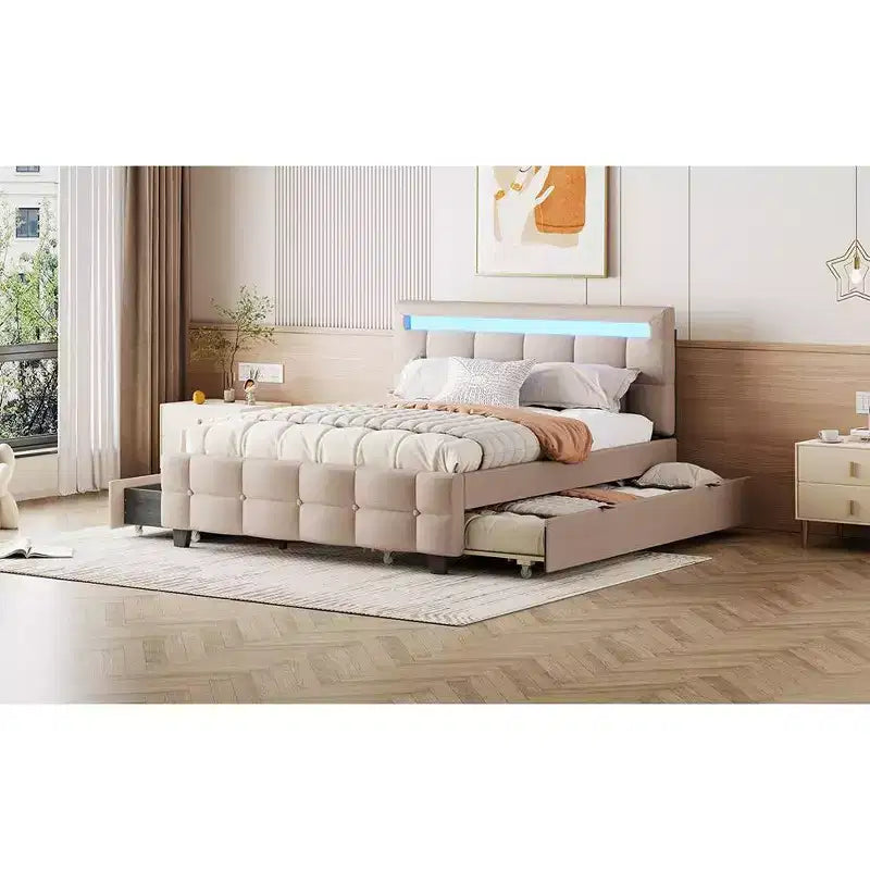 Lit plateforme élégant Okak Queen avec cadre rembourré et LED, pas besoin de sommier, lit en tissu de lin avec lit gigogne Twin XL et 2 tiroirs