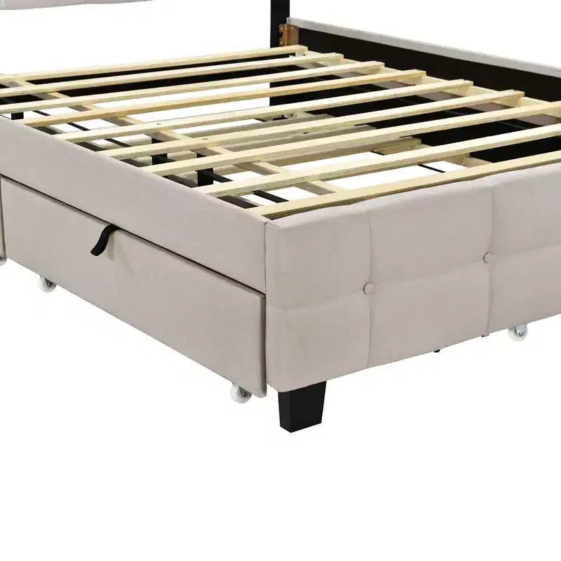 Lit plateforme élégant Okak Queen avec cadre rembourré et LED, pas besoin de sommier, lit en tissu de lin avec lit gigogne Twin XL et 2 tiroirs