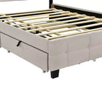 Lit plateforme élégant Okak Queen avec cadre rembourré et LED, pas besoin de sommier, lit en tissu de lin avec lit gigogne Twin XL et 2 tiroirs