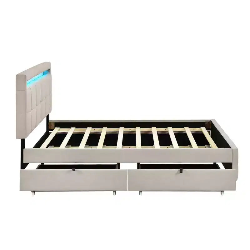 Lit plateforme élégant Okak Queen avec cadre rembourré et LED, pas besoin de sommier, lit en tissu de lin avec lit gigogne Twin XL et 2 tiroirs
