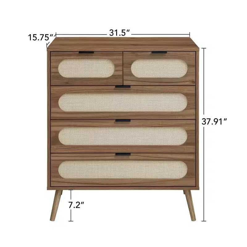 Commode de chambre Okak de style Mid-Century à 5 tiroirs, armoire de rangement d'appoint, commode pour chambre/salon/entrée/bureau