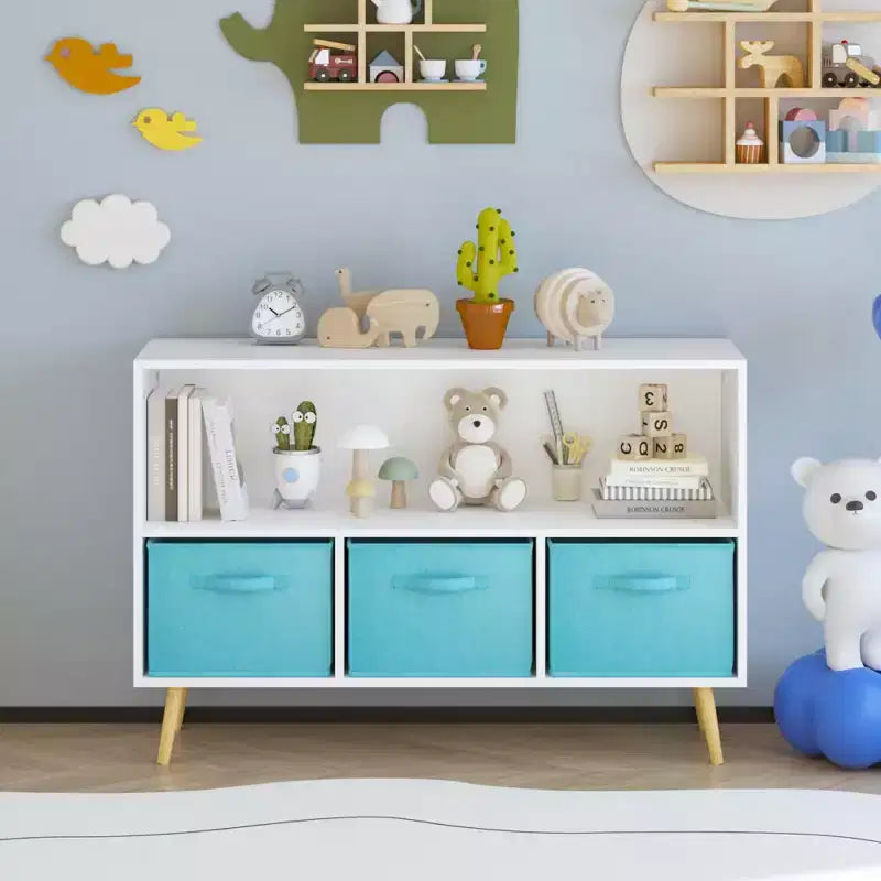 Okak Bedroom Dresser Bookcase with 3 Collapsible Fabric Drawers Ample Toy Storage Cabinet Children's Book Display for Hallway Kids Room