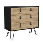 Commode de chambre à 3 tiroirs Okak Modern Design avec pieds épingle en métal, armoire de rangement en bois, commode pour chambre à coucher, entrée