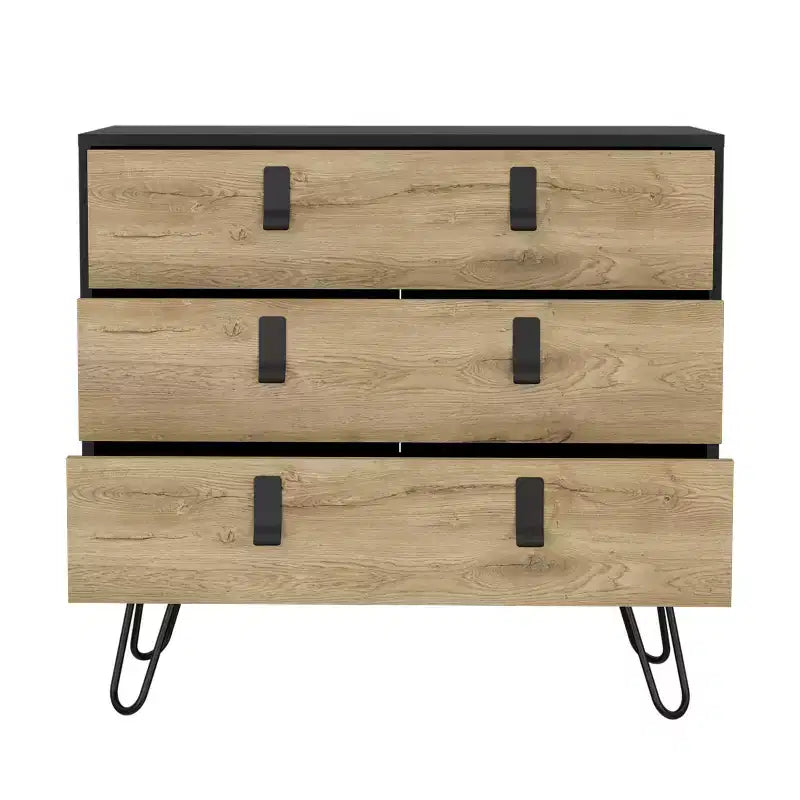 Commode de chambre à 3 tiroirs Okak Modern Design avec pieds épingle en métal, armoire de rangement en bois, commode pour chambre à coucher, entrée