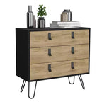 Commode de chambre à 3 tiroirs Okak Modern Design avec pieds épingle en métal, armoire de rangement en bois, commode pour chambre à coucher, entrée