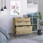 Commode de chambre à 3 tiroirs Okak Modern Design avec pieds épingle en métal, armoire de rangement en bois, commode pour chambre à coucher, entrée