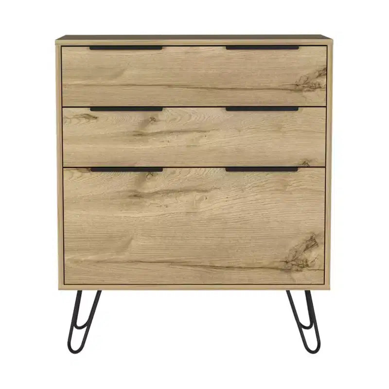 Commode de chambre à 3 tiroirs Okak Modern Design avec pieds épingle en métal, armoire de rangement en bois, commode pour chambre à coucher, entrée