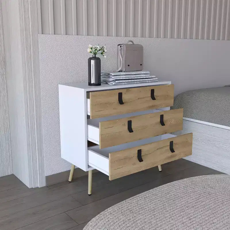 Commode de chambre à 3 tiroirs Okak Modern Design avec pieds épingle en métal, armoire de rangement en bois, commode pour chambre à coucher, entrée