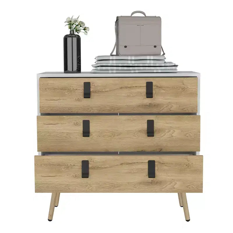 Commode de chambre à 3 tiroirs Okak Modern Design avec pieds épingle en métal, armoire de rangement en bois, commode pour chambre à coucher, entrée