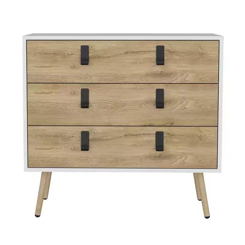 Commode de chambre à 3 tiroirs Okak Modern Design avec pieds épingle en métal, armoire de rangement en bois, commode pour chambre à coucher, entrée