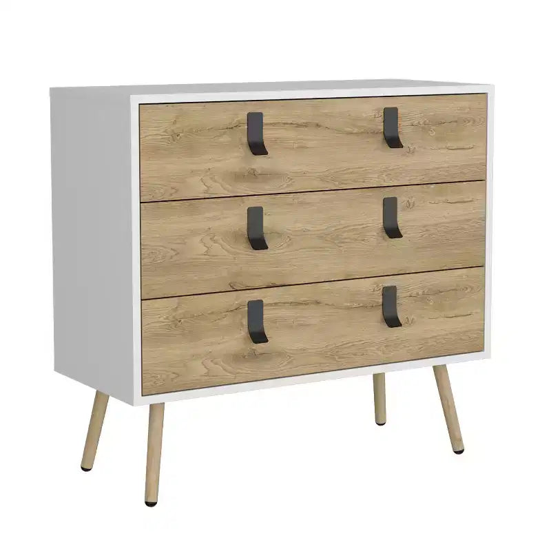 Commode de chambre à 3 tiroirs Okak Modern Design avec pieds épingle en métal, armoire de rangement en bois, commode pour chambre à coucher, entrée