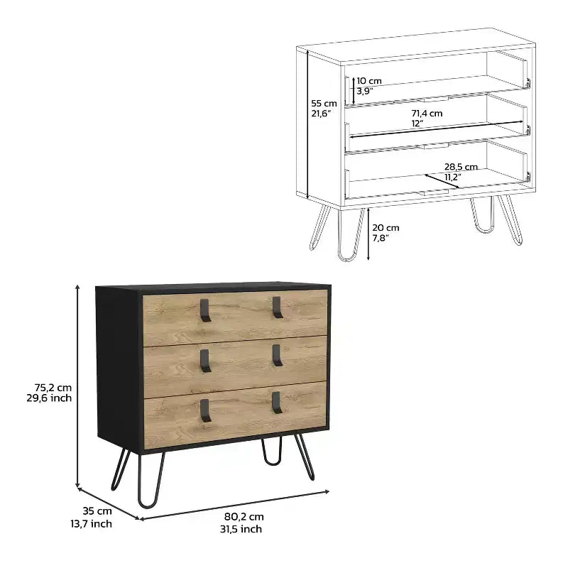Commode de chambre à 3 tiroirs Okak Modern Design avec pieds épingle en métal, armoire de rangement en bois, commode pour chambre à coucher, entrée