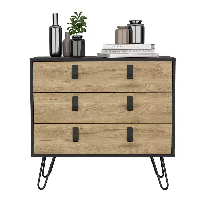 Commode de chambre à 3 tiroirs Okak Modern Design avec pieds épingle en métal, armoire de rangement en bois, commode pour chambre à coucher, entrée