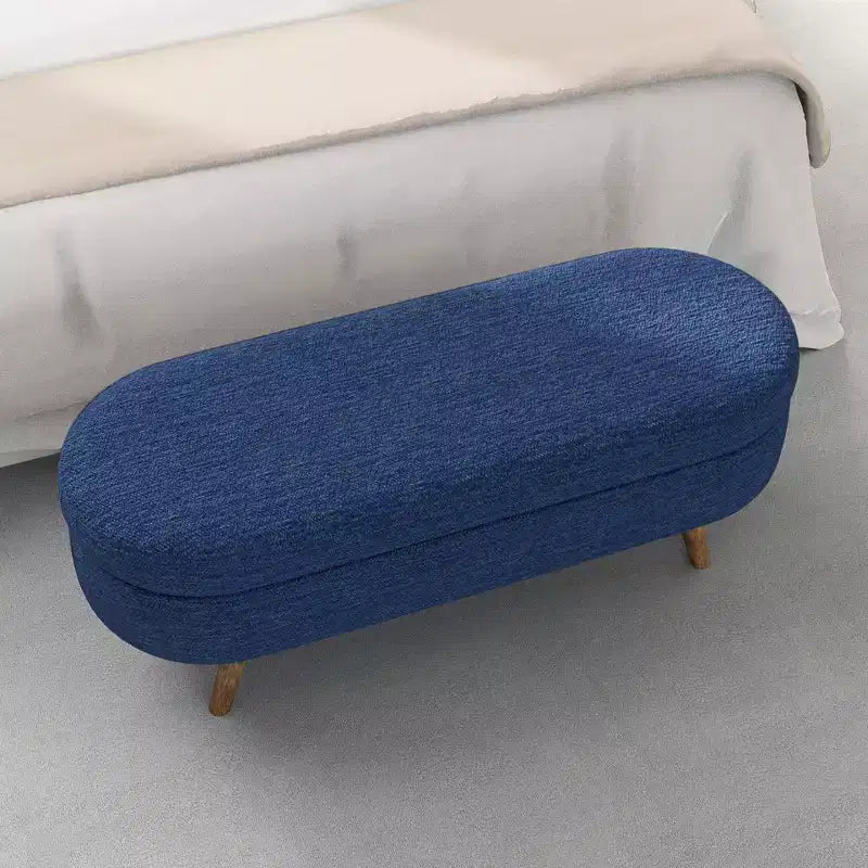 Banc ottoman de rangement ovale Okak Modern en lin avec pieds en bois d'hévéa, long repose-pieds de rangement souple pour salon, entrée, chambre à coucher