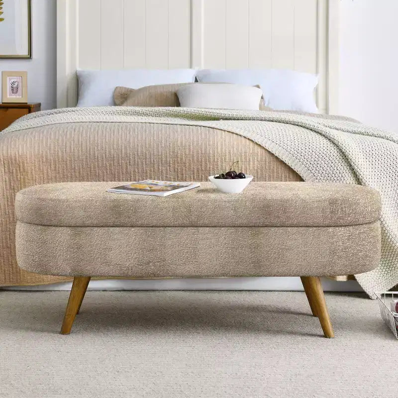 Banc ottoman de rangement ovale Okak Modern en lin avec pieds en bois d'hévéa, long repose-pieds de rangement souple pour salon, entrée, chambre à coucher