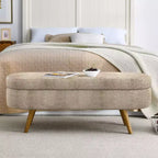 Banc ottoman de rangement ovale Okak Modern en lin avec pieds en bois d'hévéa, long repose-pieds de rangement souple pour salon, entrée, chambre à coucher